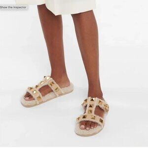 Valentino Garavani Roman Stud Faux Shearling Slide Sandal Slippers Beige